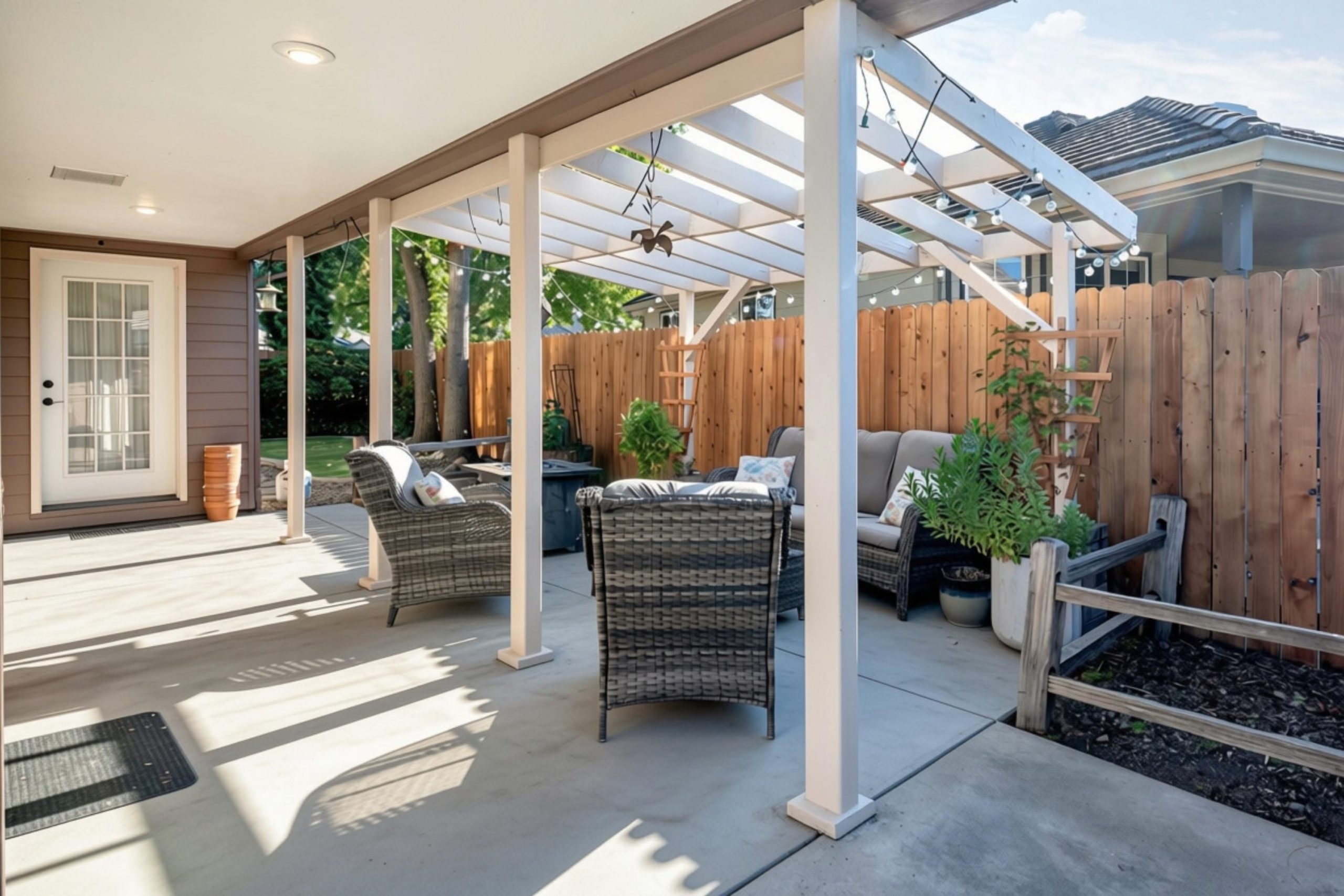 Covered back patio with pergola and seating at 947 Brandon Street