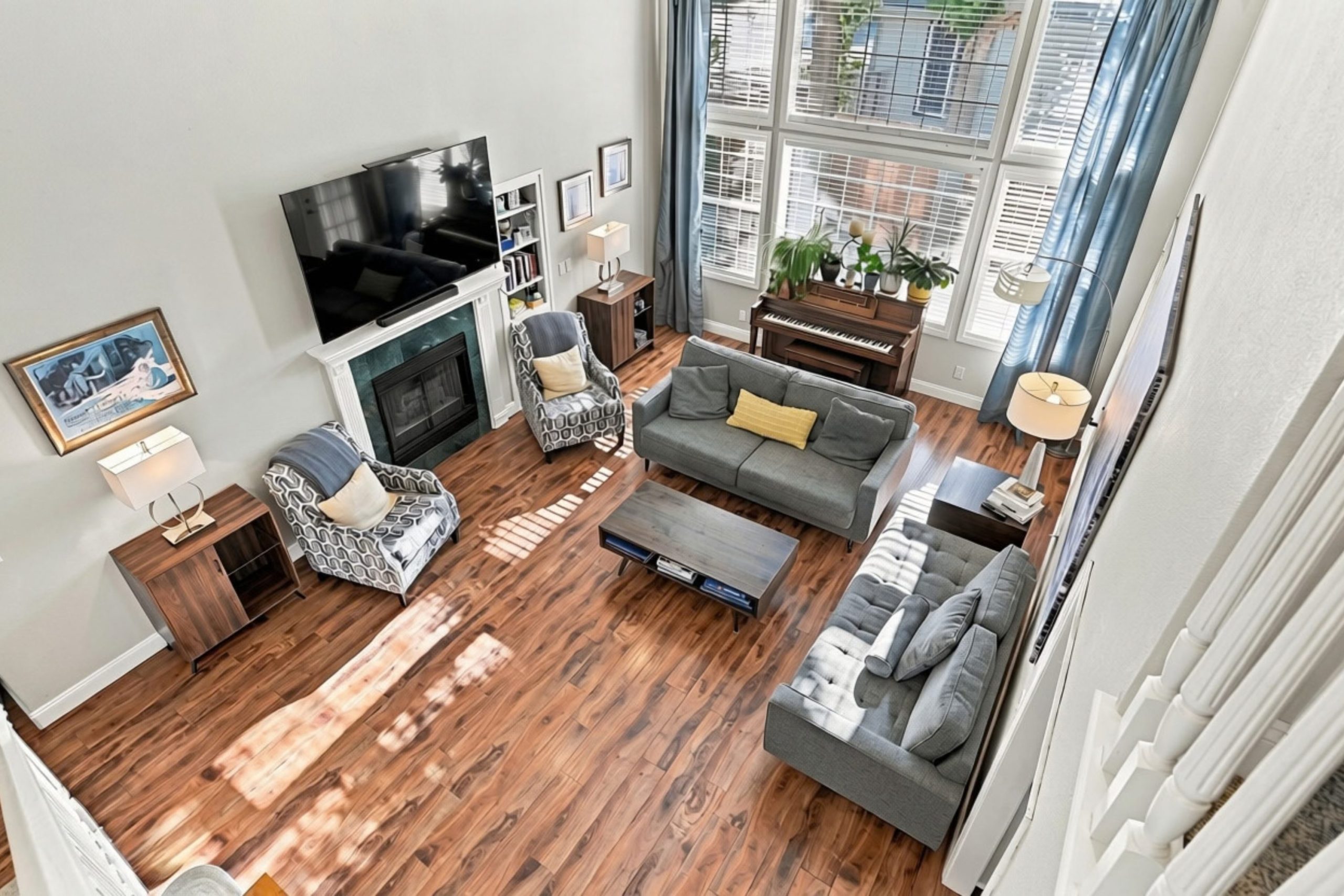 Great room with gas fireplace and wood floors at 947 Brandon Street