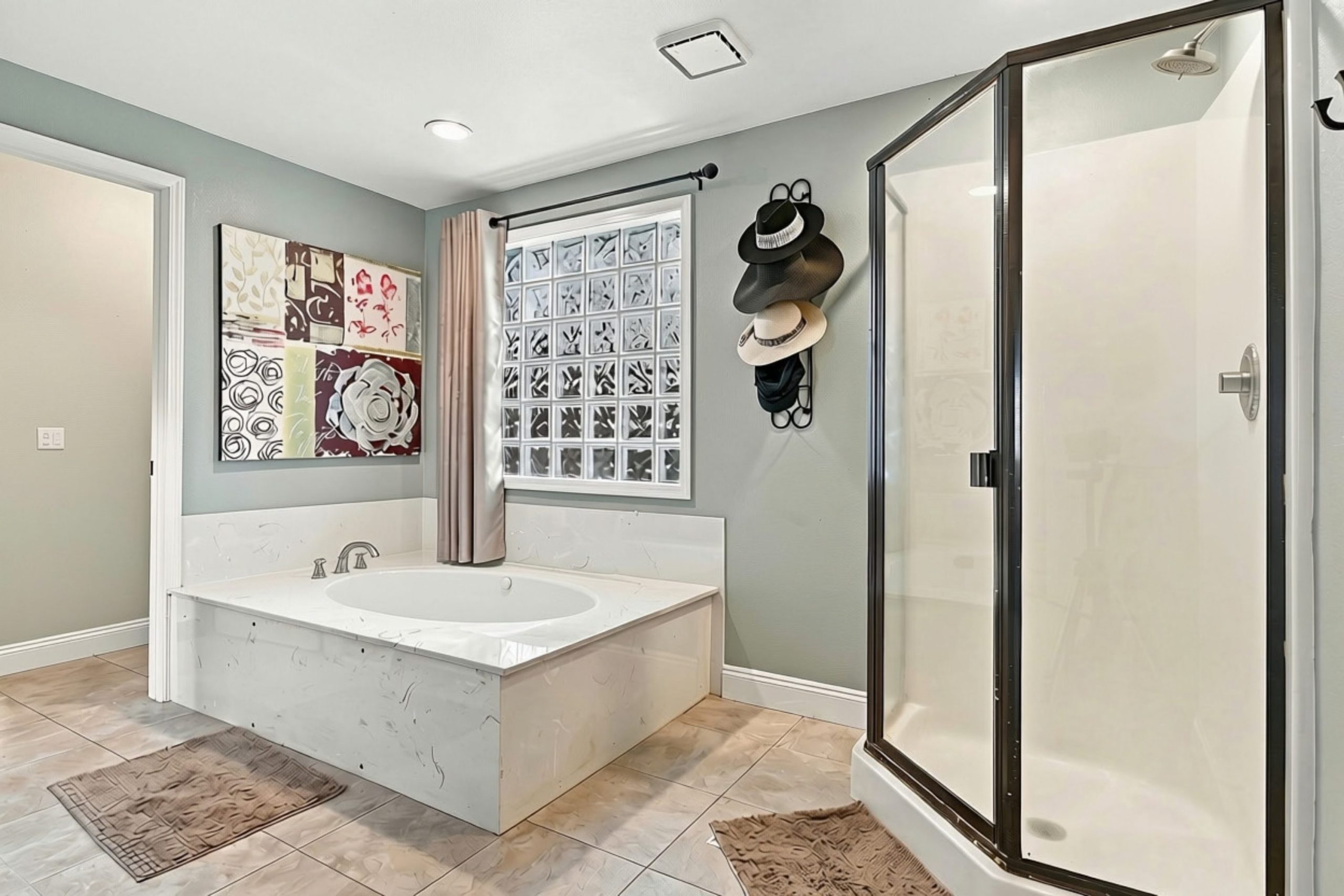 Primary bathroom with soaking tub and walk-in shower at 947 Brandon Street